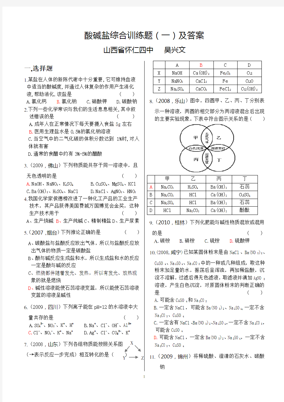 (完整版)初中化学酸碱盐综合练习题(一)及答案