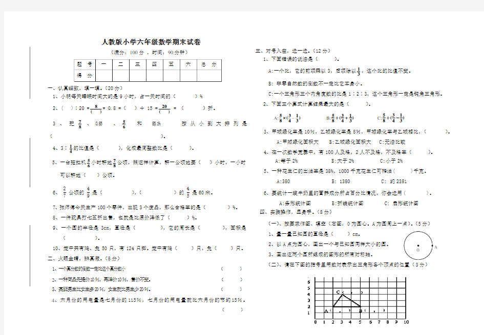 (完整)人教版小学六年级数学期末试卷