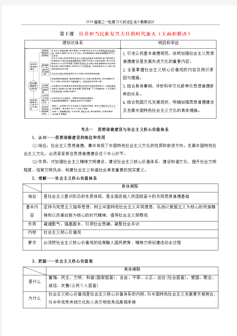 人教版高中政治必修3第四单元 发展中国特色社会主义文化第十课 培养担当民族复兴大任的时代新人教案