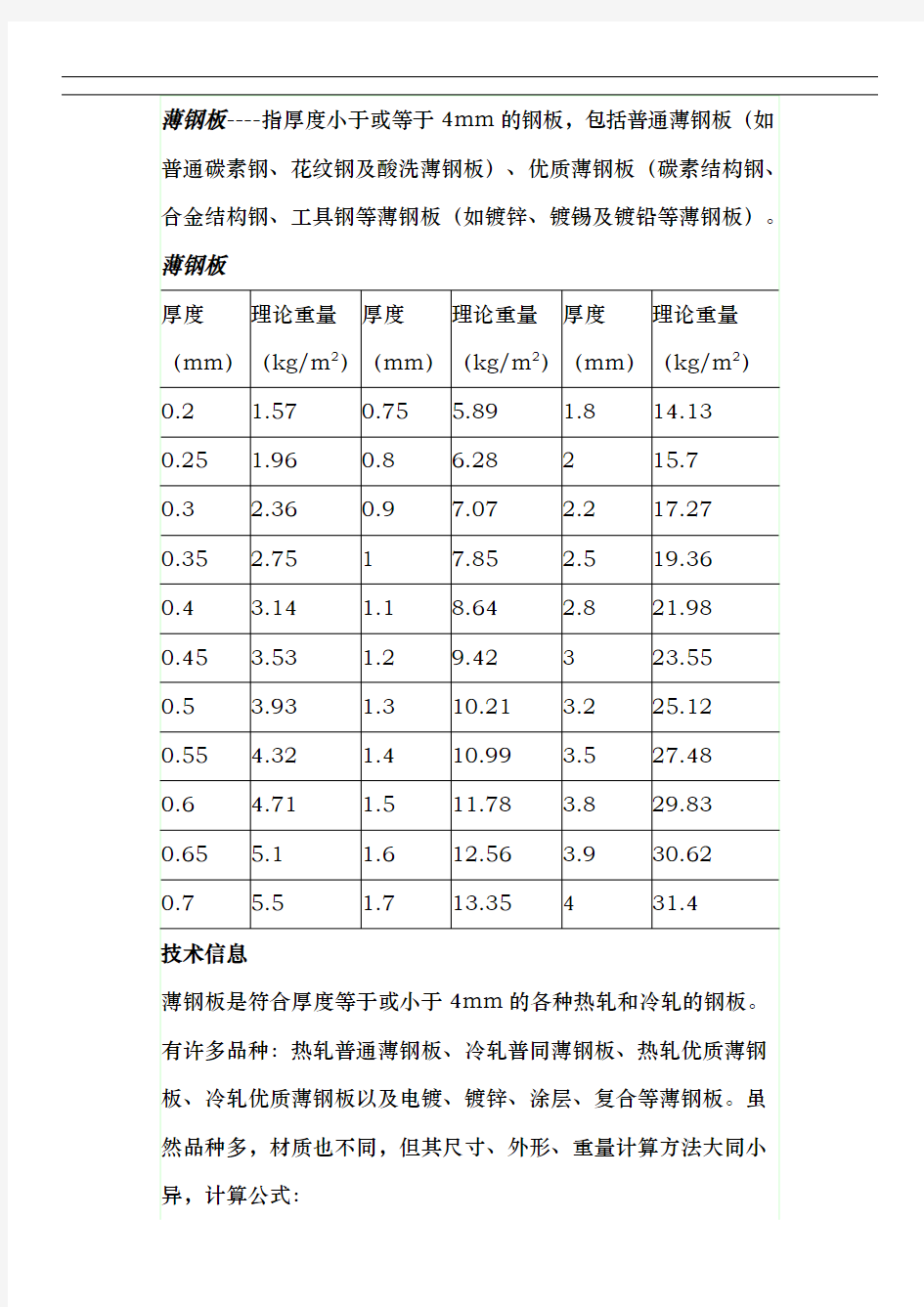 钢板理论重量计算表【】