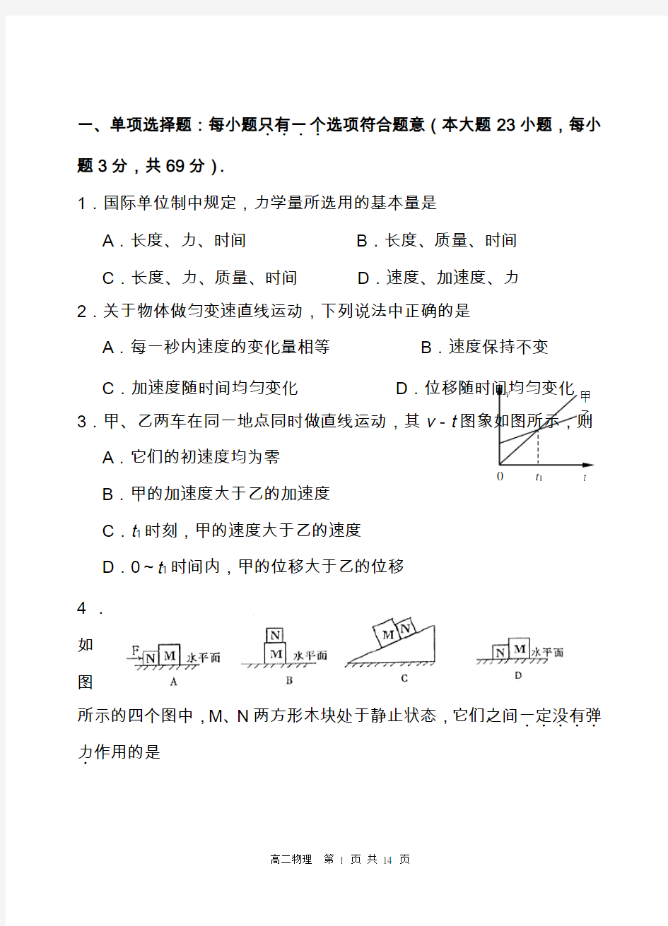 2020高二物理学业水平测试卷