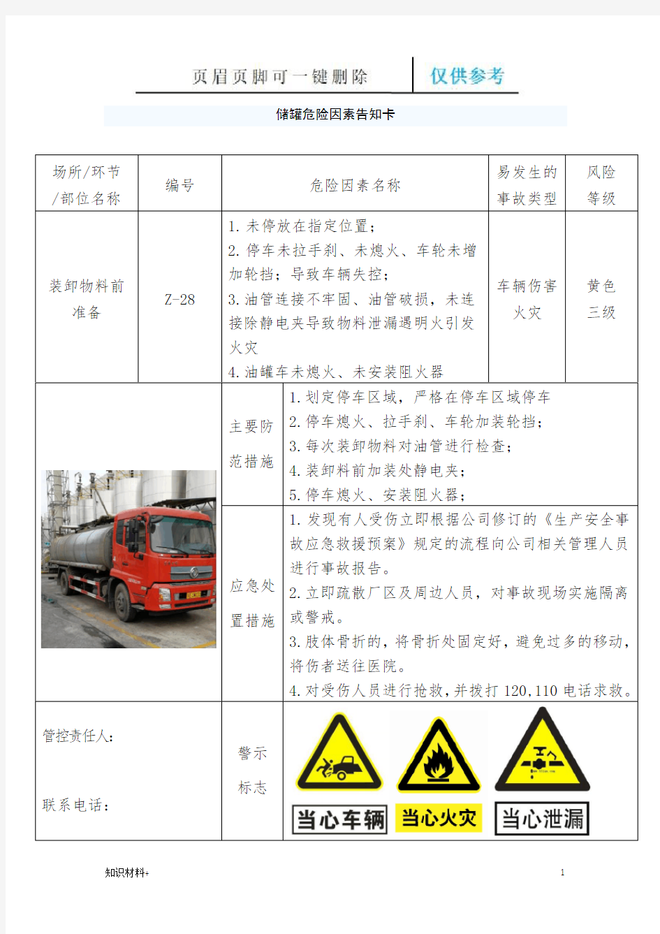 储罐区危险因素告知卡(行业参考)