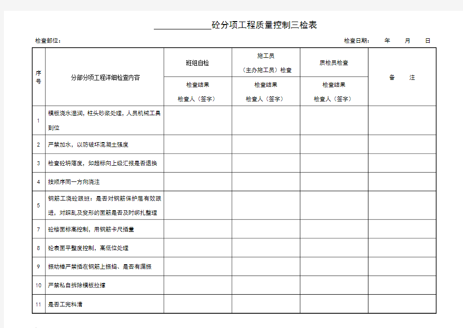 工程质量控制检查表(三检表)