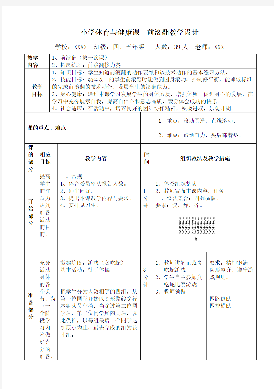 小学体育前滚翻教案