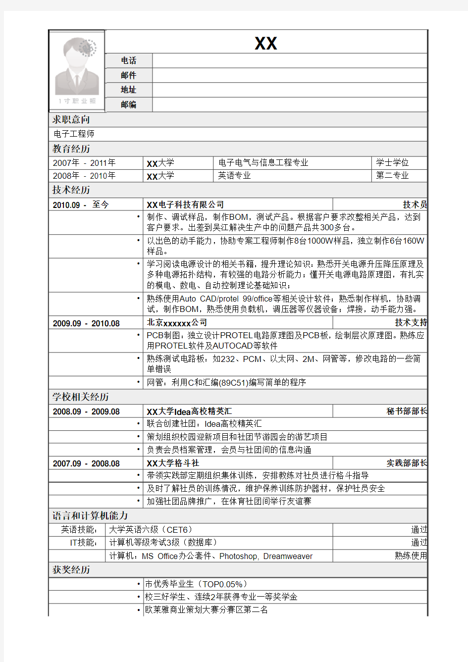 应聘电子工程师岗位简历模板