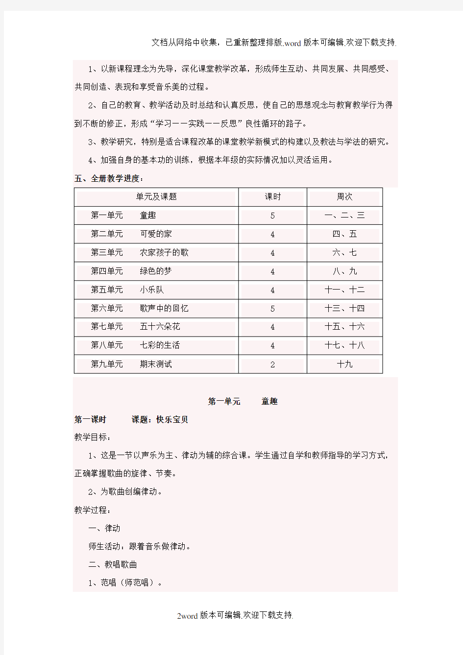 人教版三年级下册音乐教案和教学计划