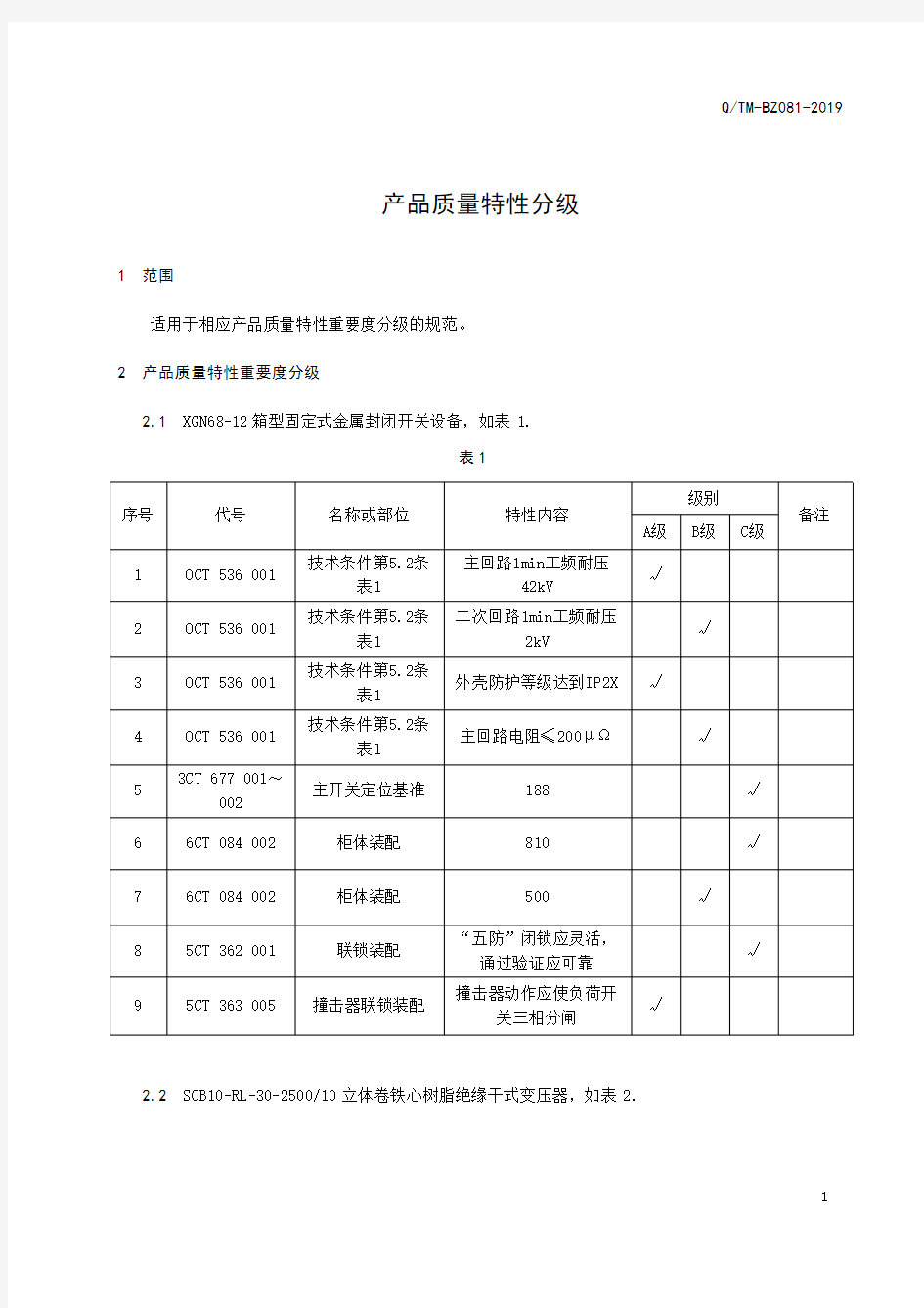 产品质量特性分级