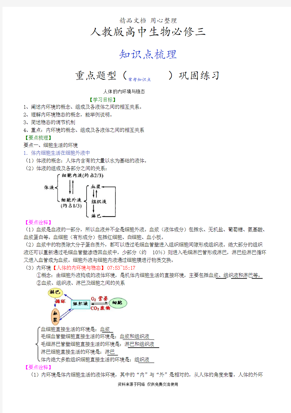 人教版高中生物必修三[知识点整理及重点题型梳理]人体的内环境与稳态