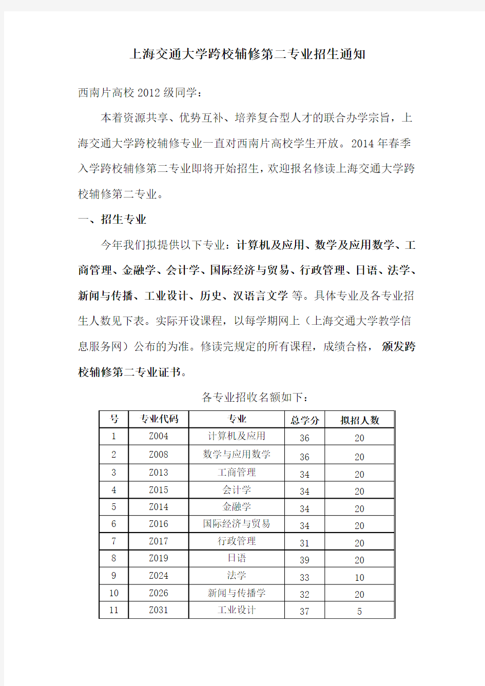 上海交通大学跨校辅修第二专业招生通知