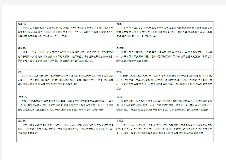 素质报告单教师评语栏(定稿)