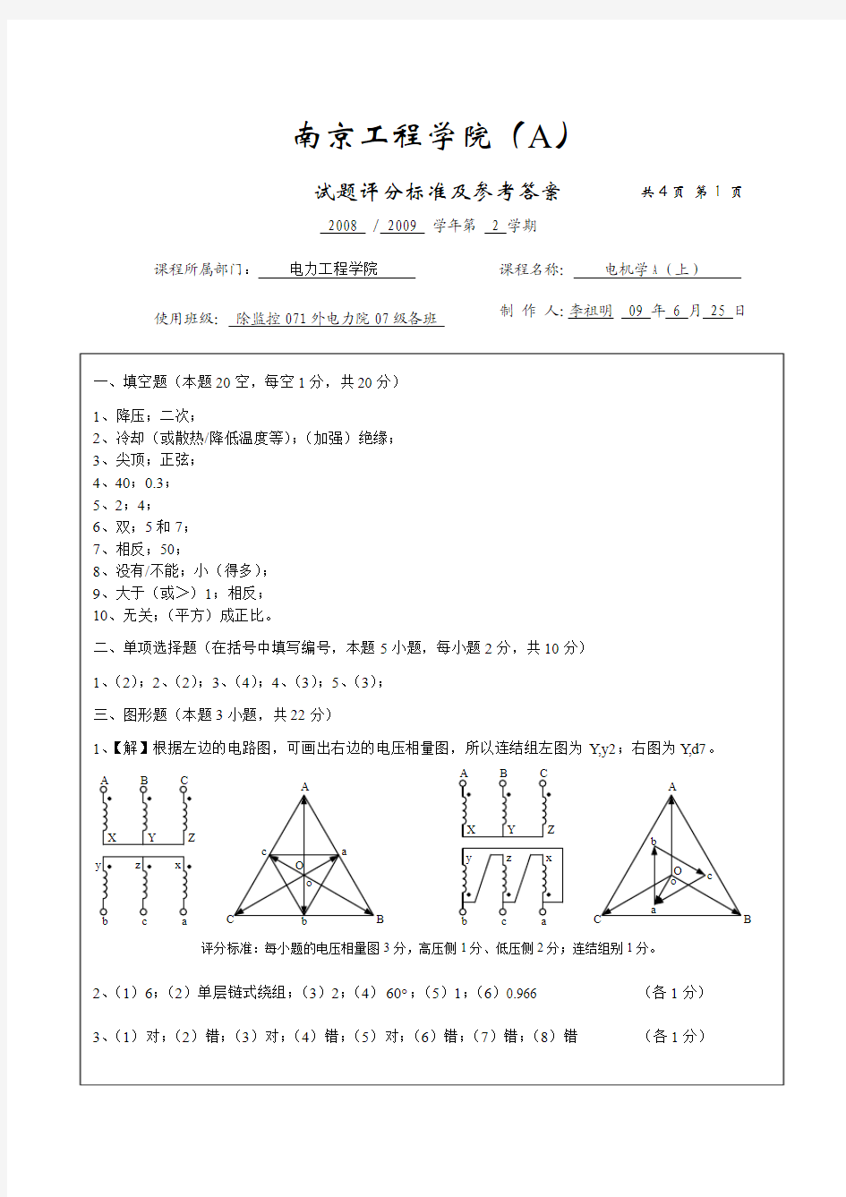 08-09-2 南京工程学院 电机学 A试卷评分标准及参考答案