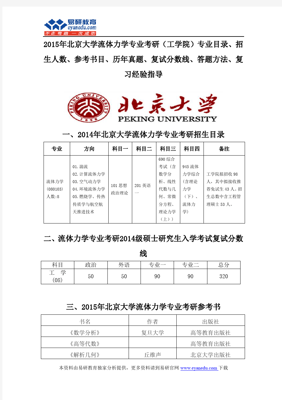 2015北京大学流体力学专业考研(工学院)专业目录招生人数参考书目历年真题复试分数线答题方法