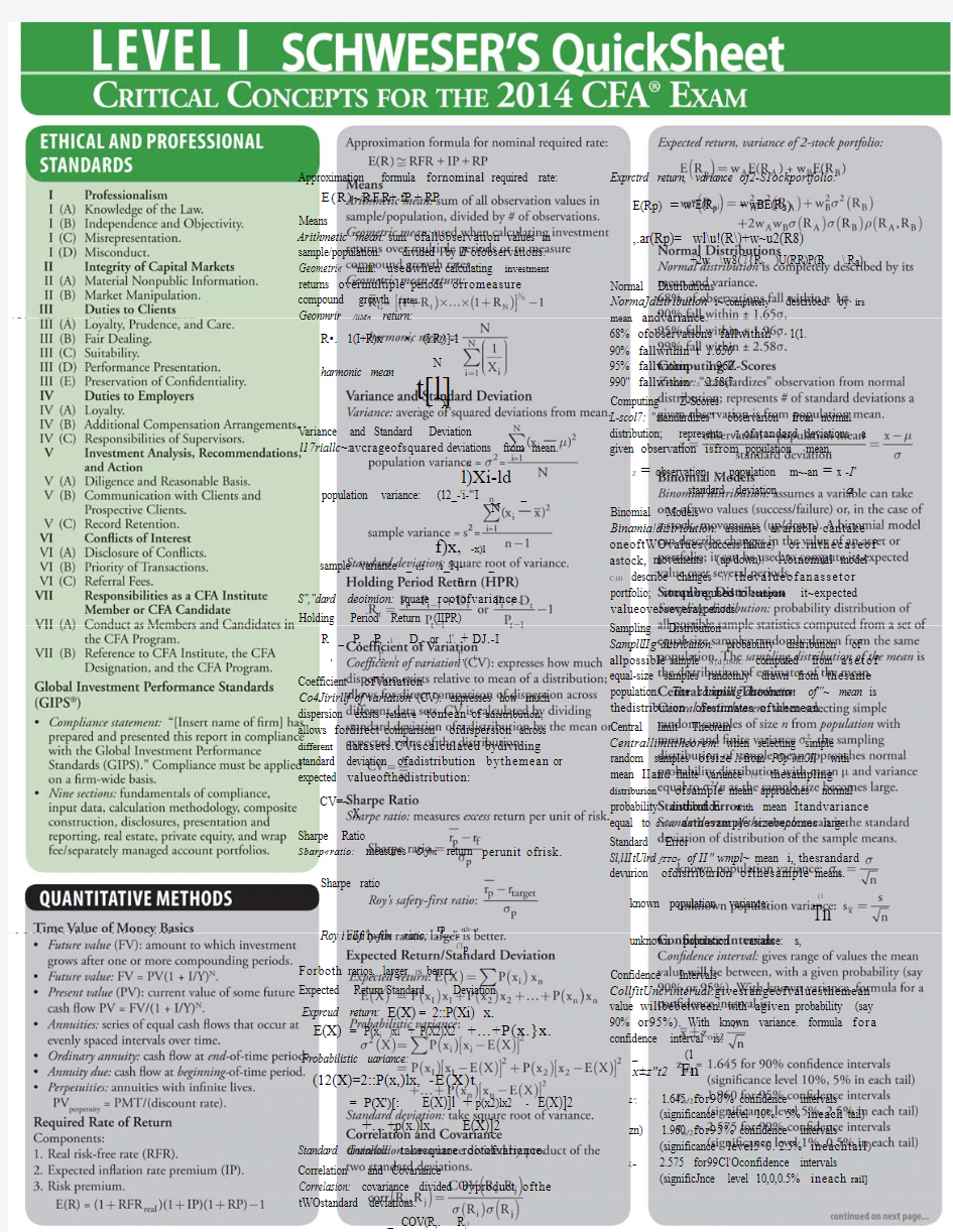 CFA Level 1 考试 Quicksheet公式表