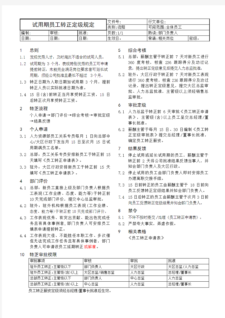 员工转正定级规定