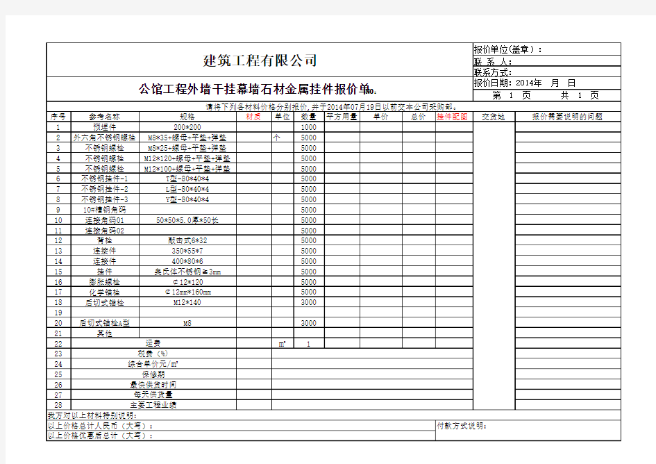 外墙石材挂件报价单(2014.7.18)