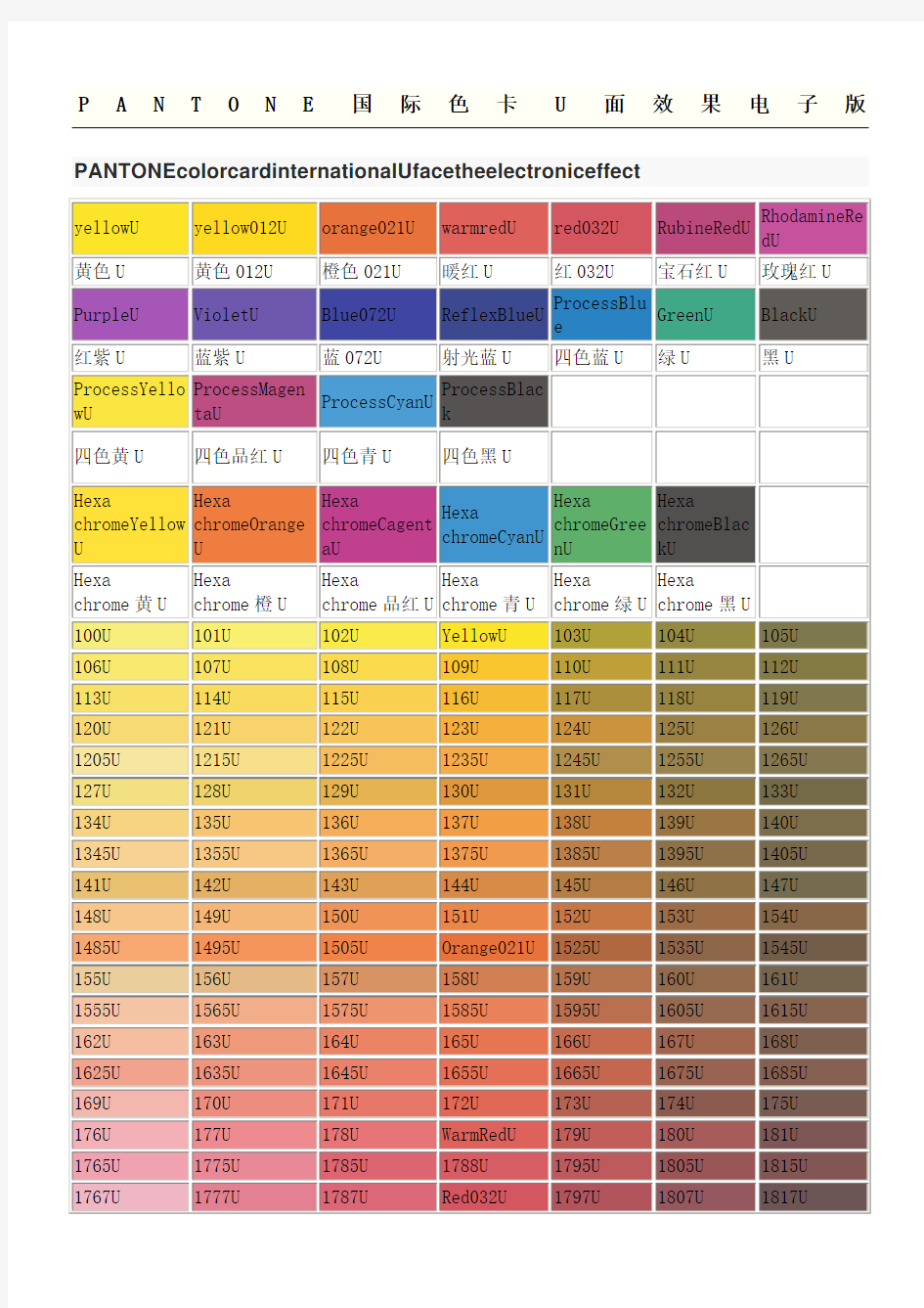 PANTONE潘通色号国际颜色卡U面效果电子版潘通号潘通色卡