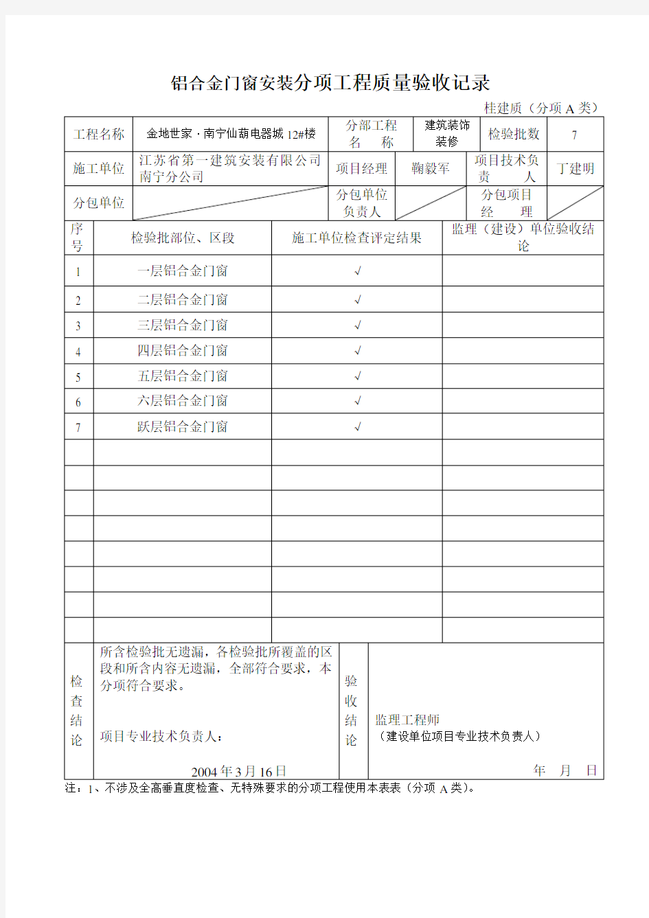 铝合金门窗安装分项工程质量验收记录