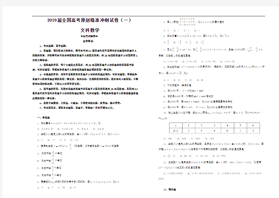 2019届全国高考原创精准冲刺试卷(一)文科数学