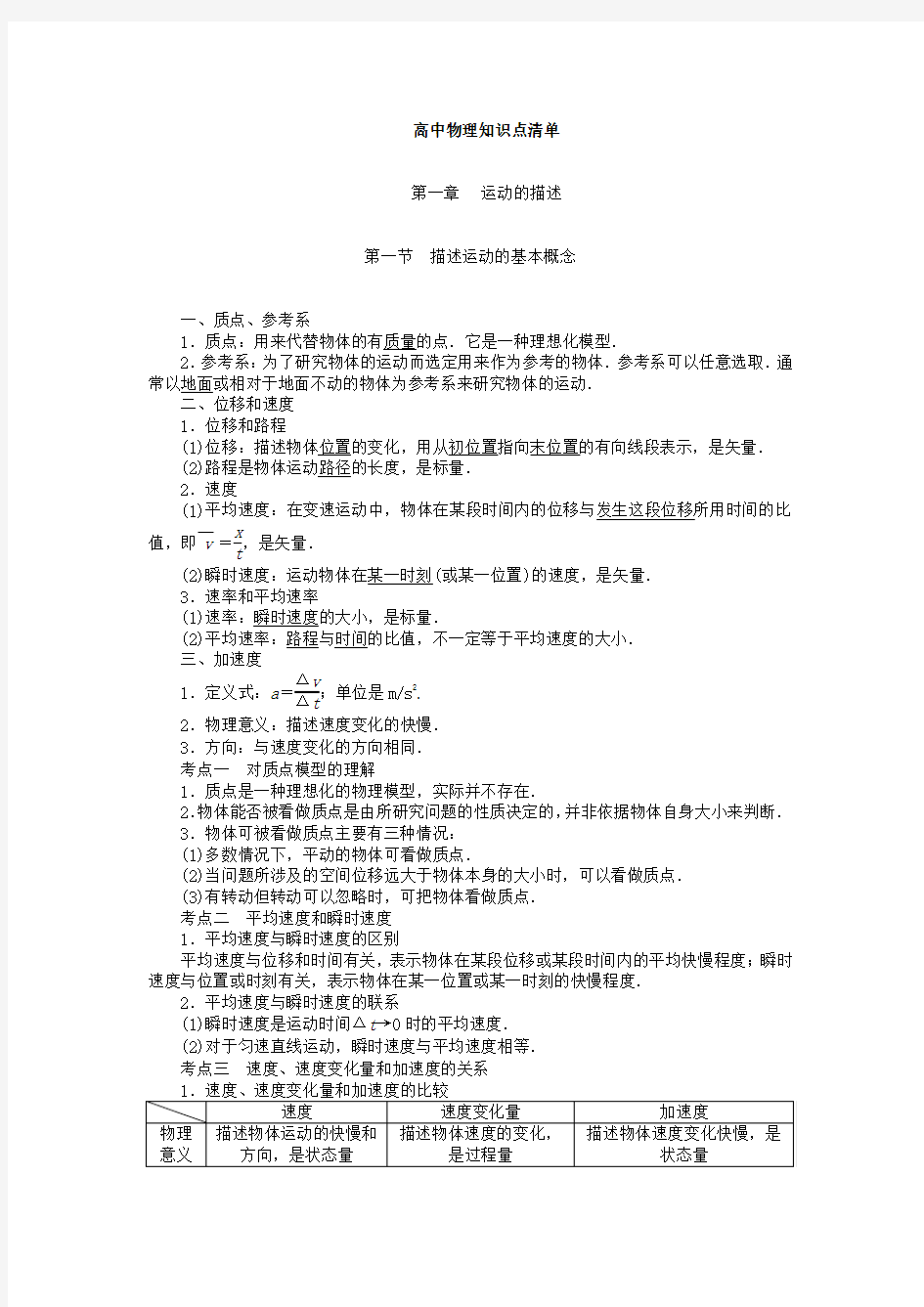 (完整版)高中物理知识点清单(非常详细)