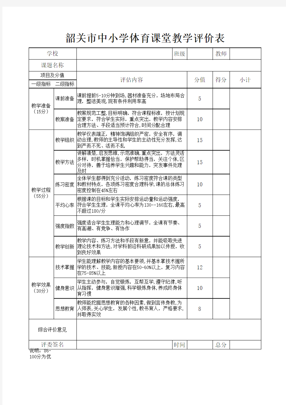 体育课堂评价表