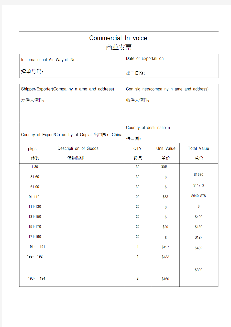 外贸中英文商业发票