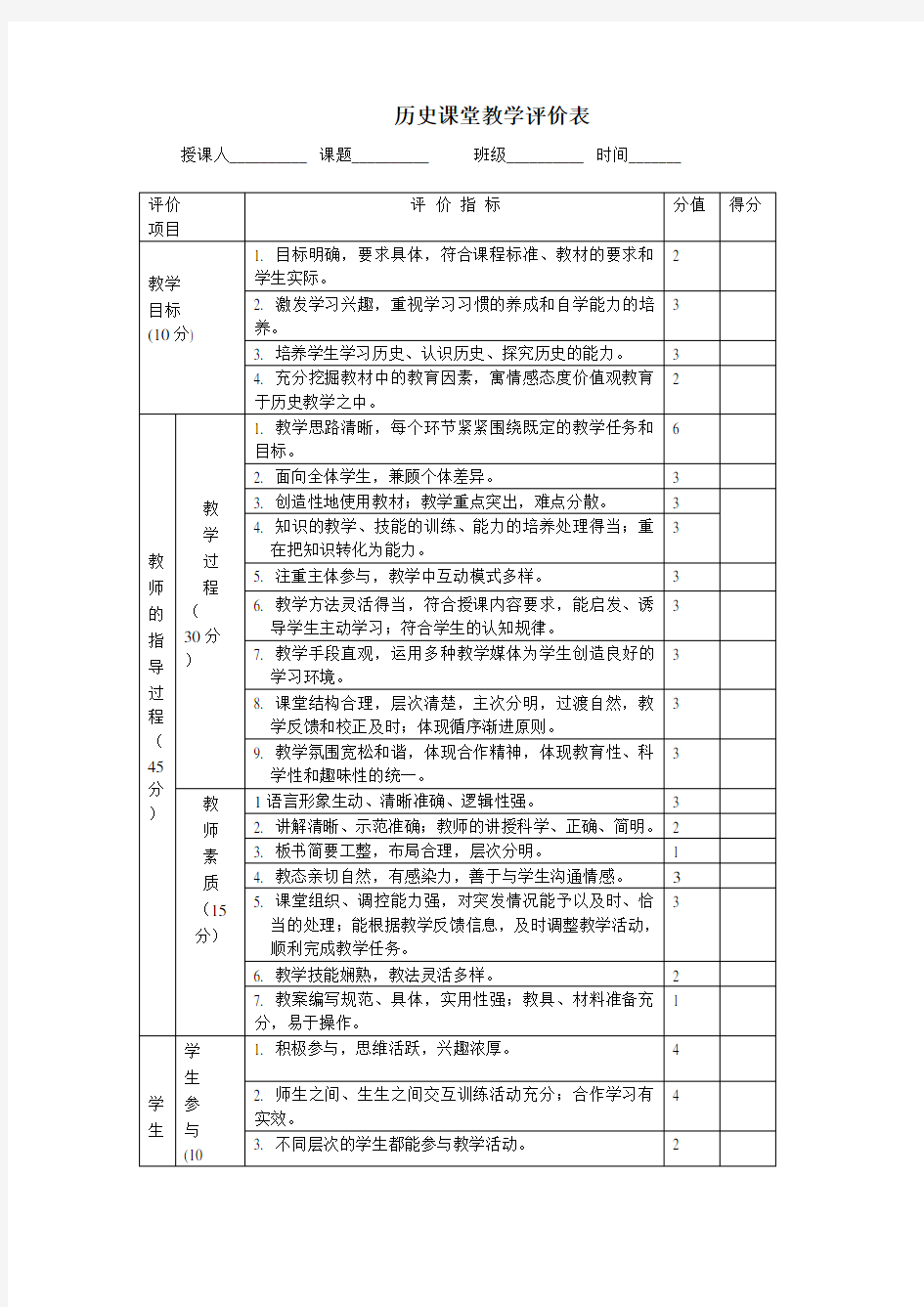 历史课堂教学评价表