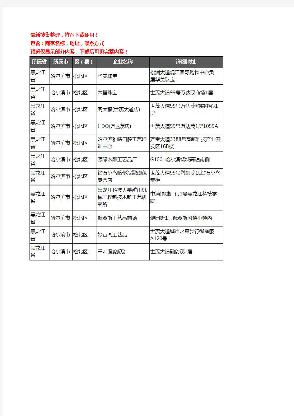 新版黑龙江省哈尔滨市松北区工艺品企业公司商家户名录单联系方式地址大全11家