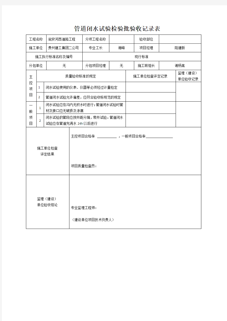 管道闭水试验检验批验收记录表