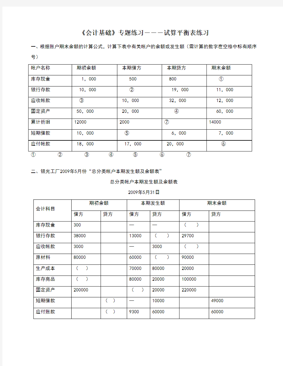 试算平衡表练习及答案