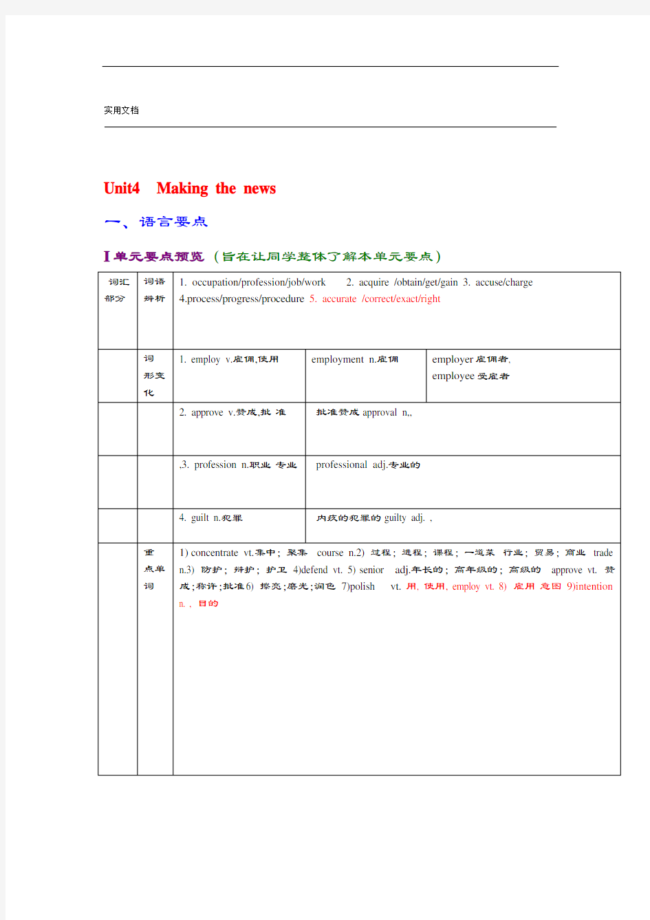 高中英语必修五第四单元教案设计