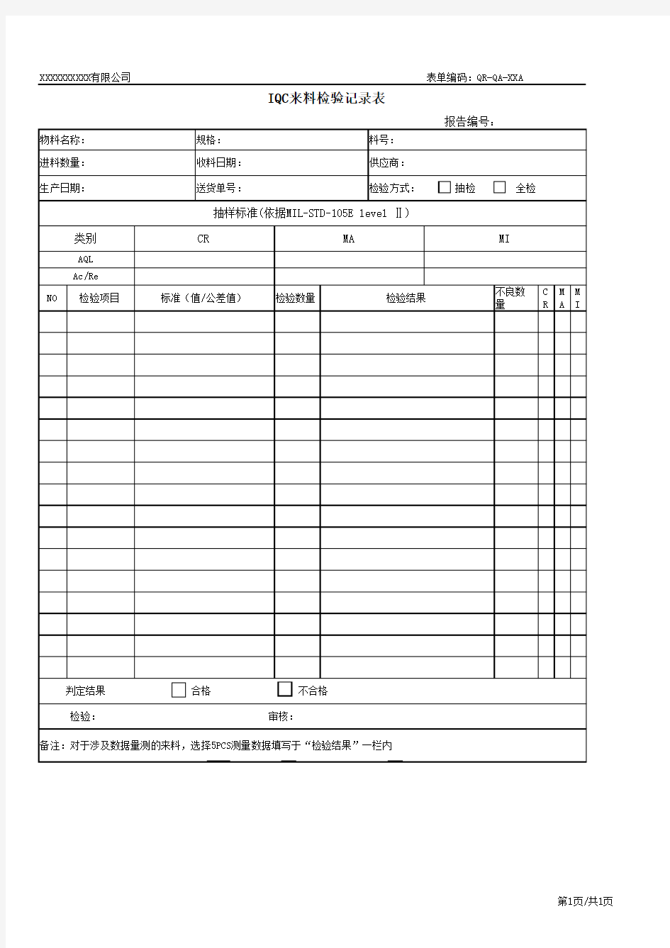 IQC来料检验记录表培训讲学