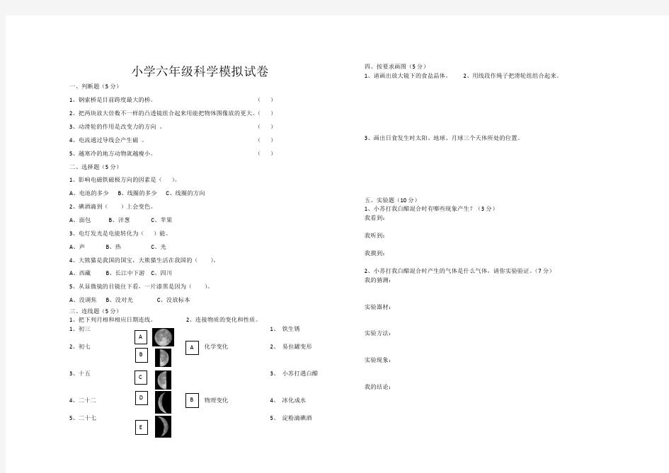 小学六年级科学期末模拟试卷及检测答题卡