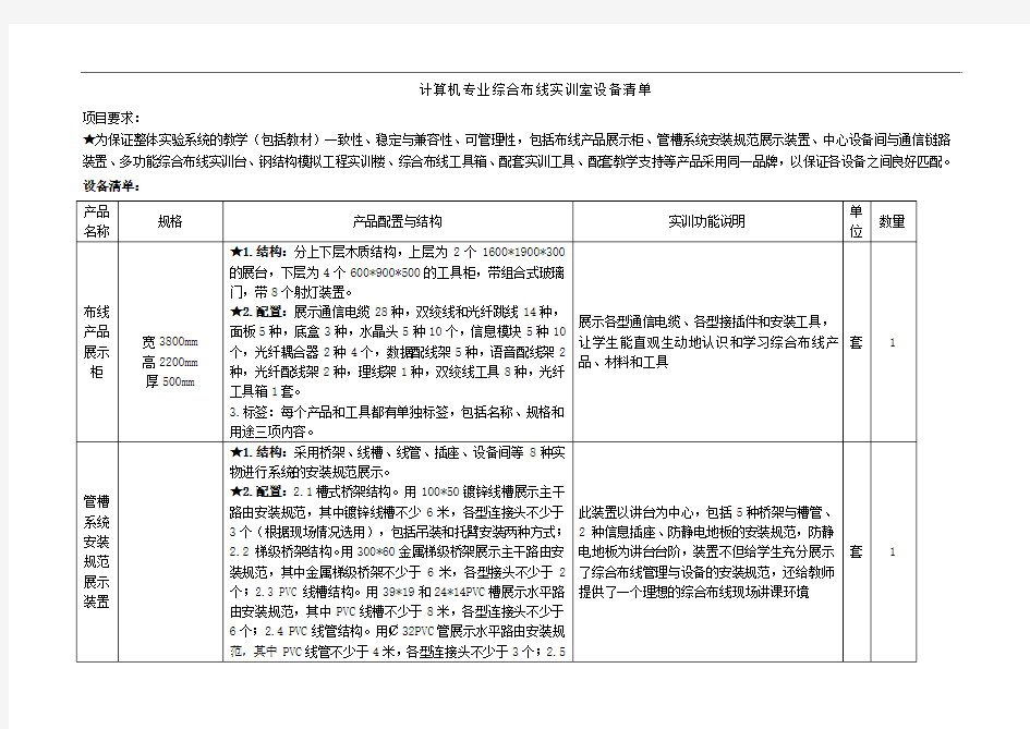 计算机专业综合布线实训室设备清单