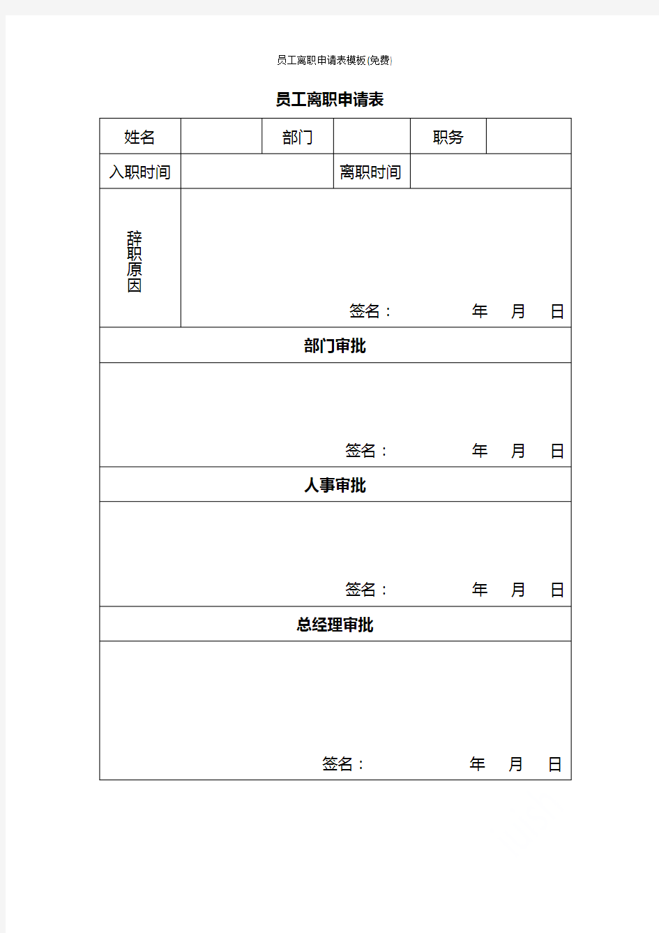 员工离职申请表模板(免费)