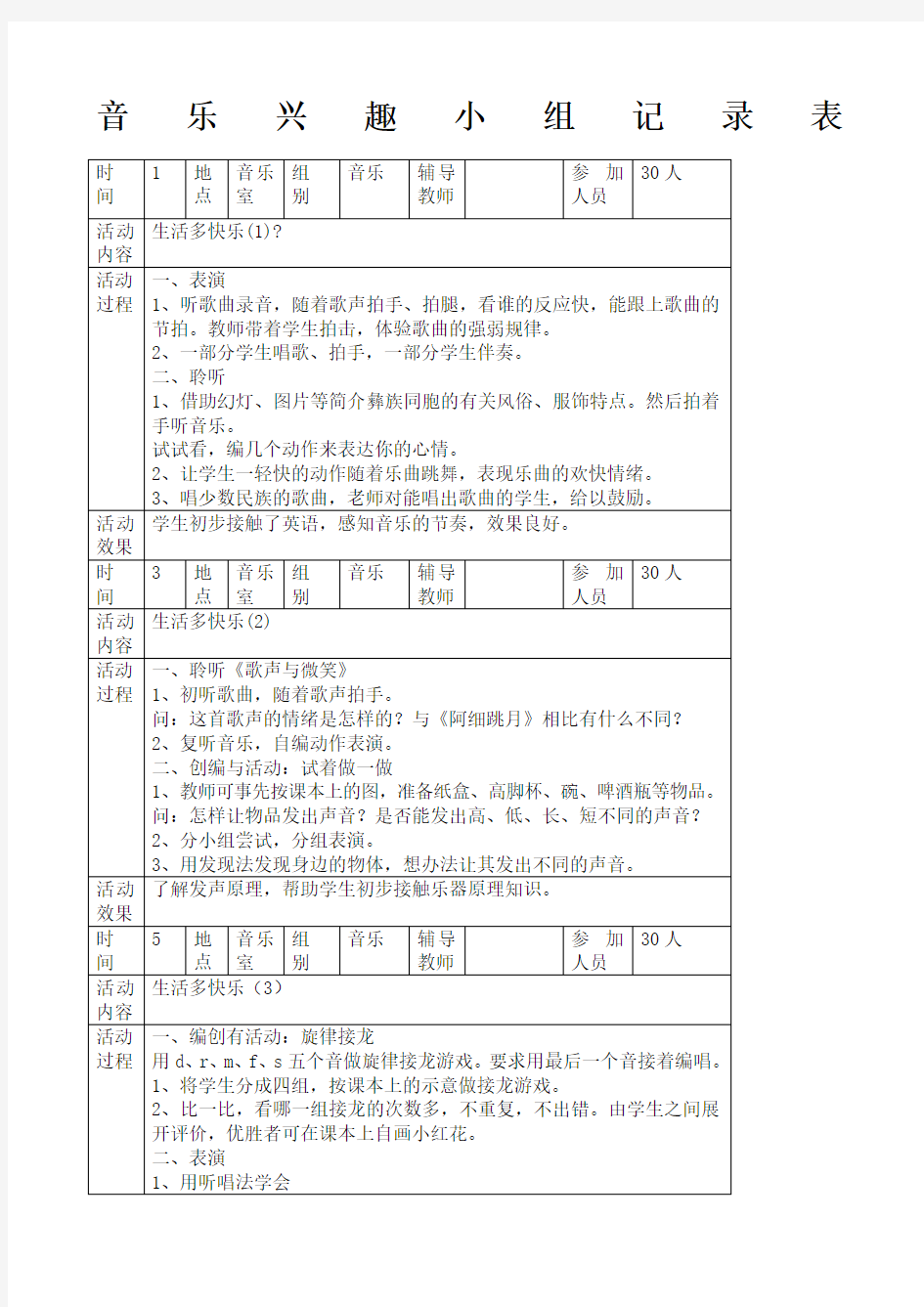 小学音乐兴趣小组活动记录表