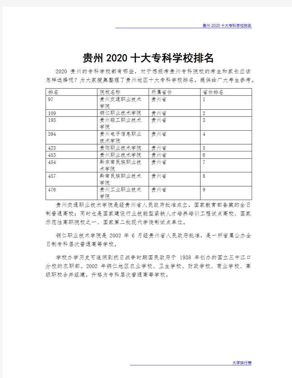 贵州2020十大专科学校排名