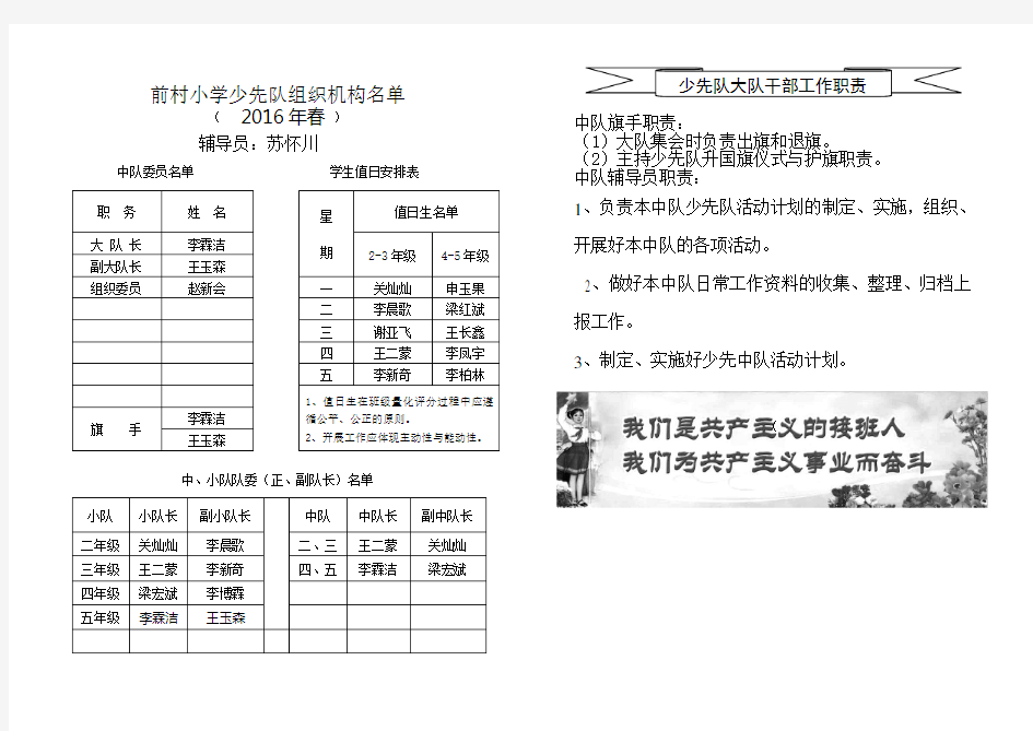 小学少先队组织机构名单