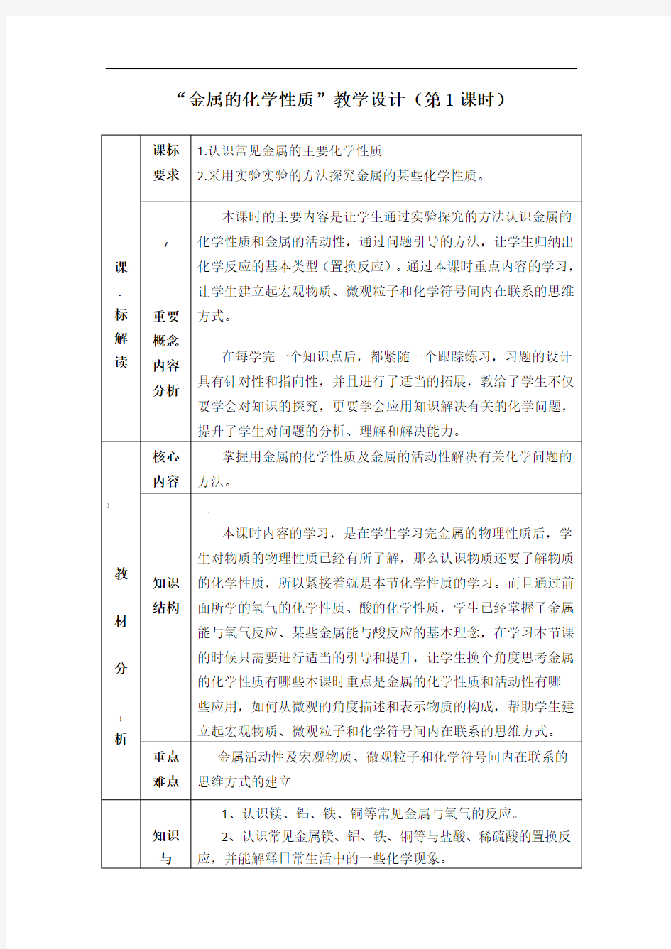 金属的化学性质教学设计