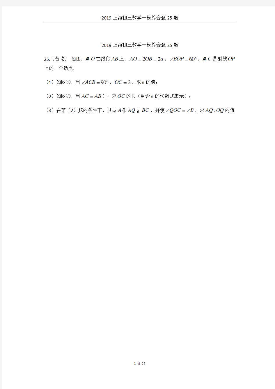 2019上海初三数学一模综合题25题