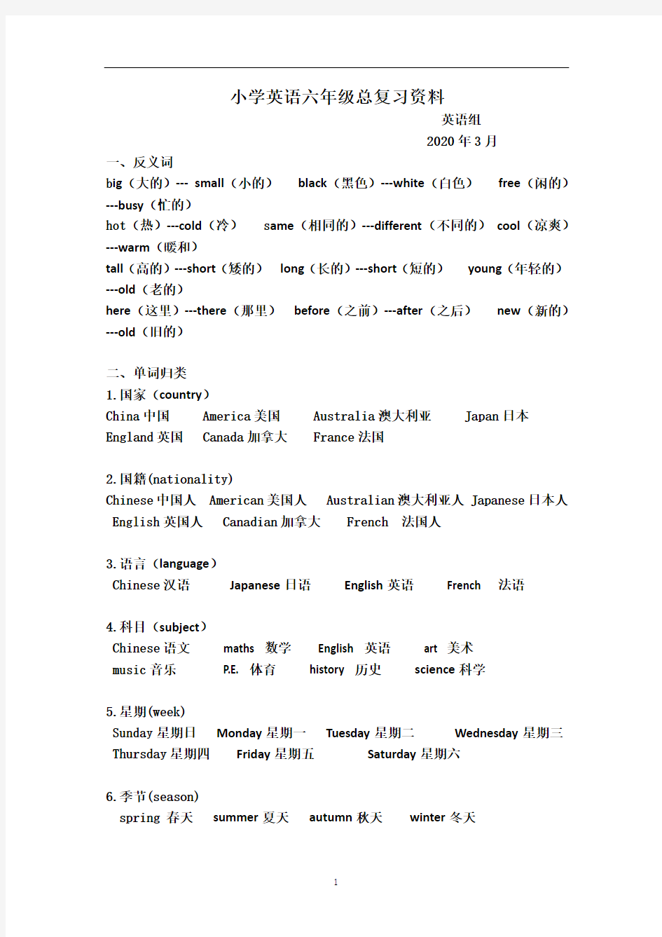 【人教pep版】小学六年级英语毕业考试：总复习全套资料