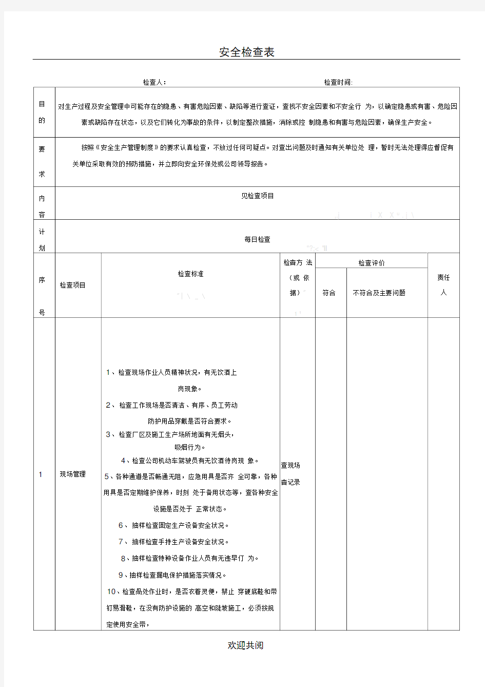 各类安全检查表格范本