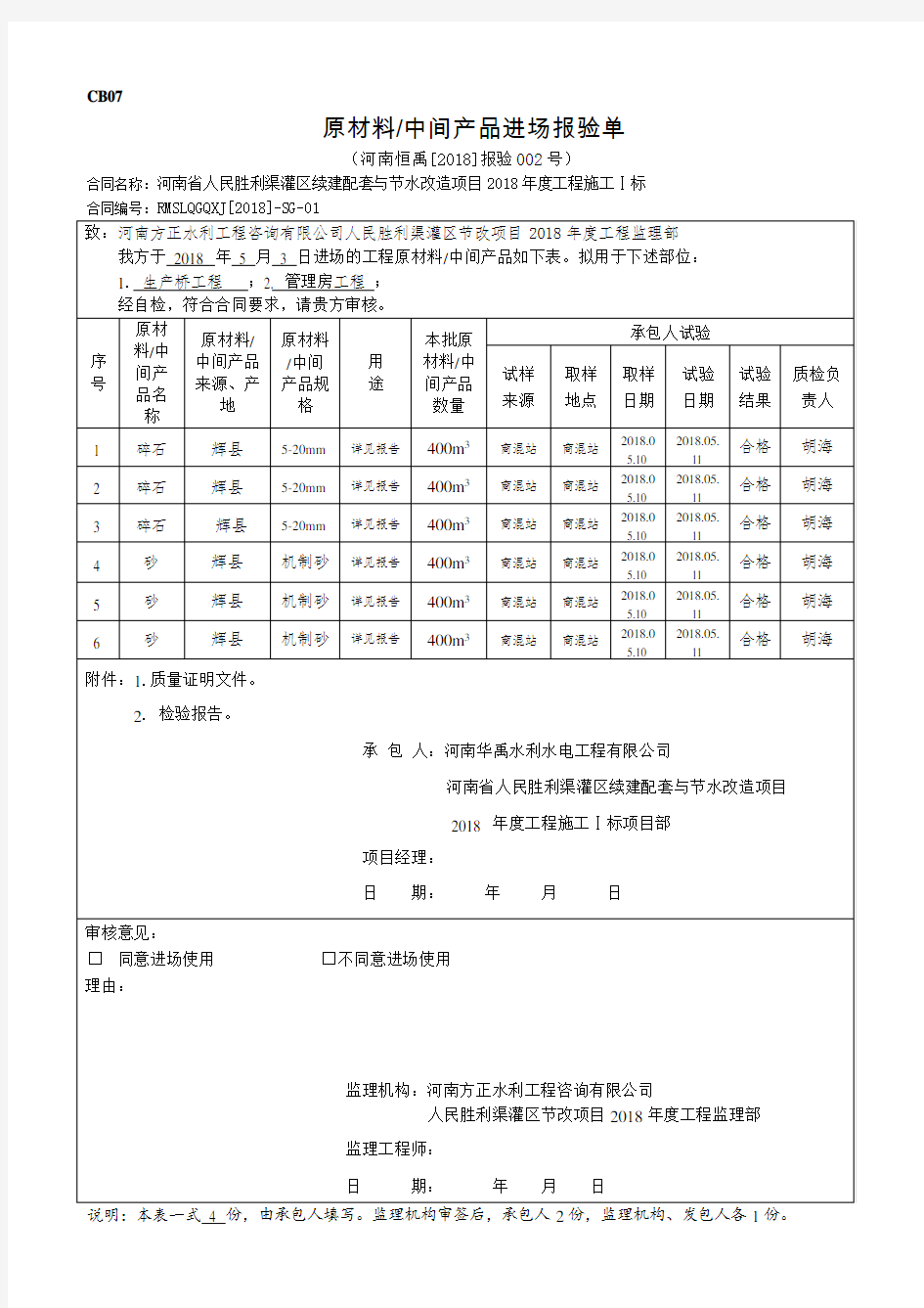 水利工程最新施工资料：原材料报验单   