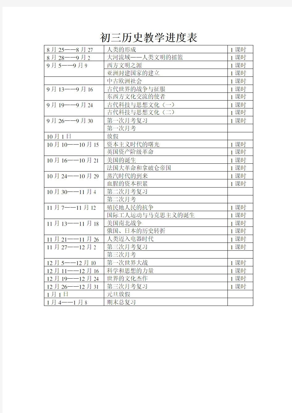 初三历史教学进度表