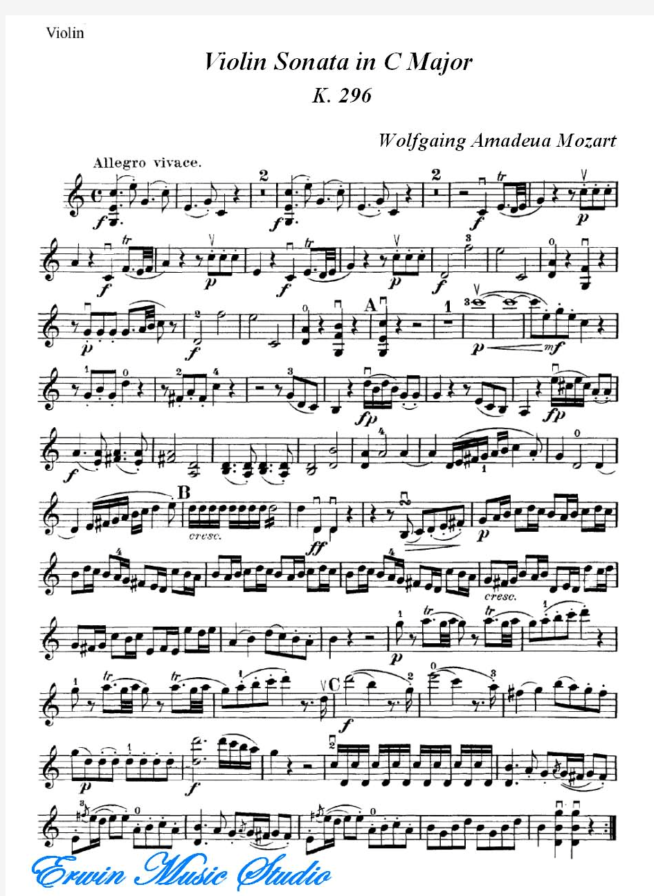 Violin莫扎特《C大调小提琴奏鸣曲》K.296小提琴曲谱