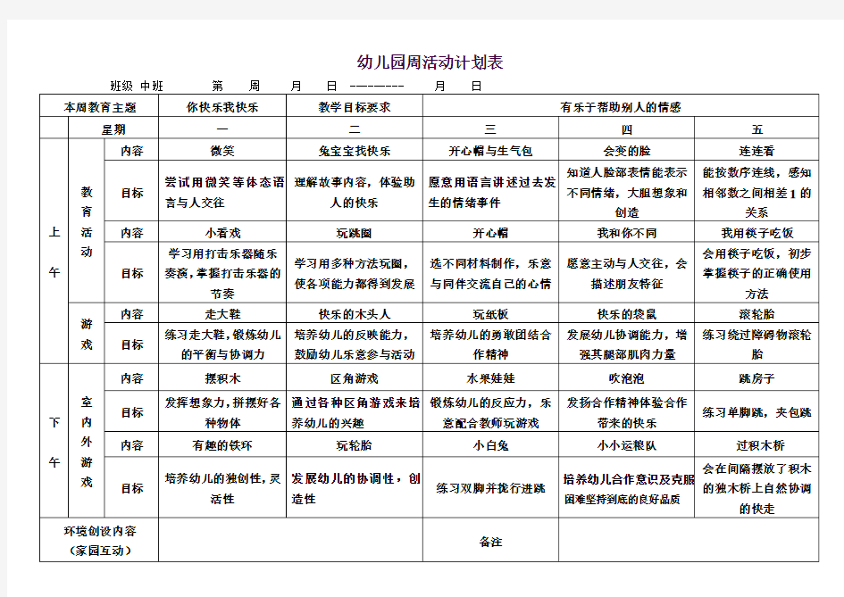 幼儿园中班周活动计划表