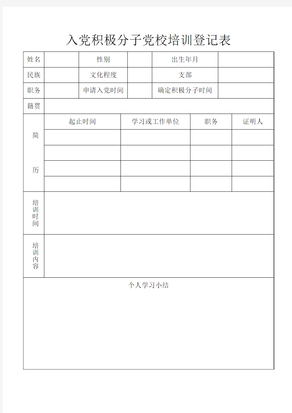 入党积极分子党校培训登记表