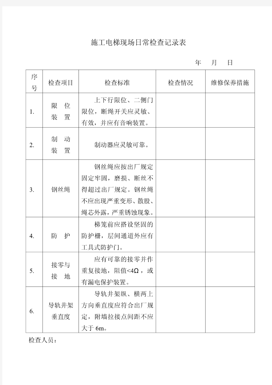  施工电梯现场日常检查记录表