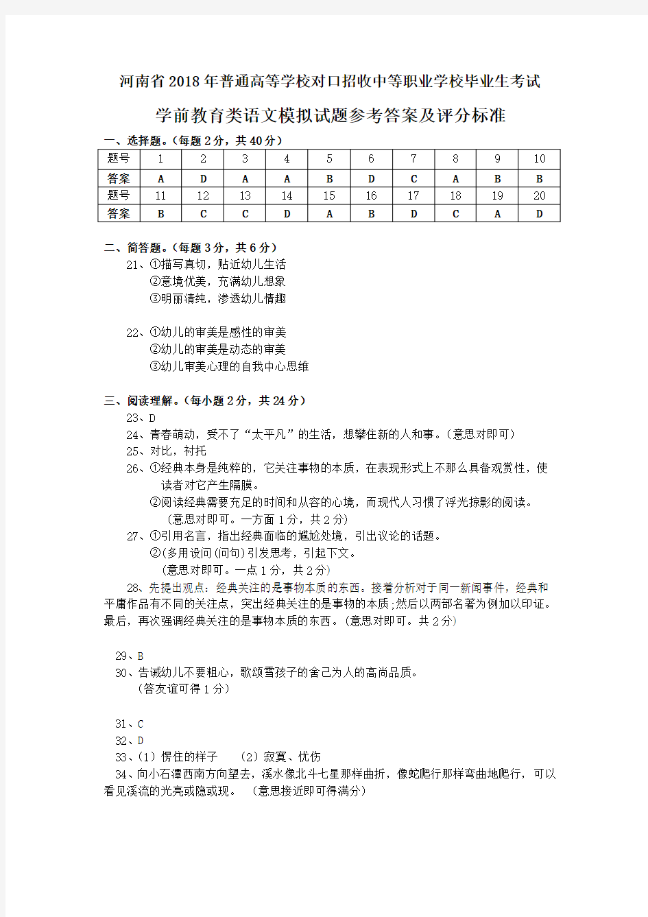河南省2018年普通高等学校对口招收中等职业学校毕业生考试参考答案及部分评分标准