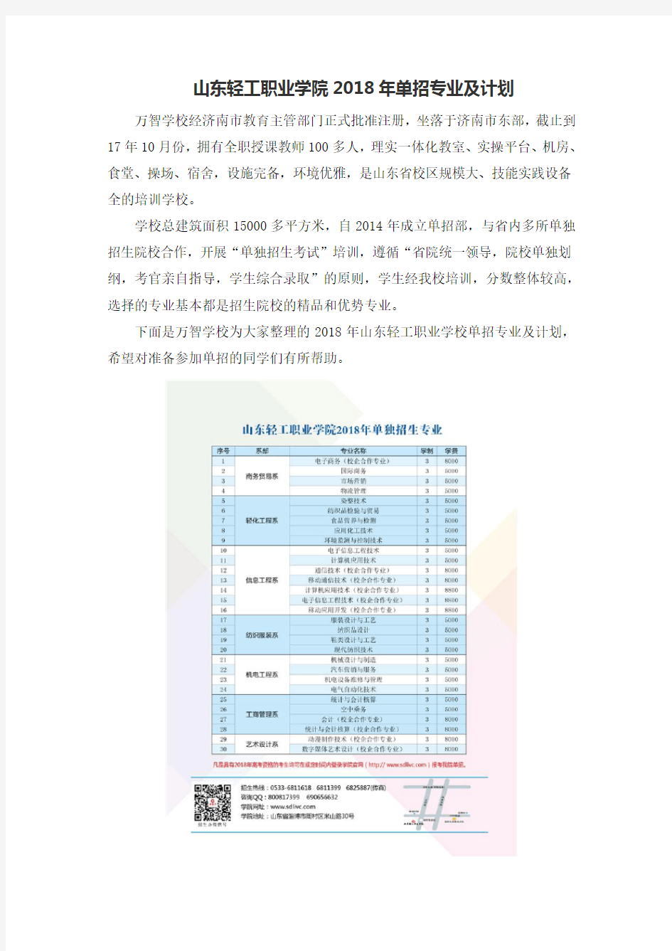 山东轻工职业学院2018年单招专业及计划