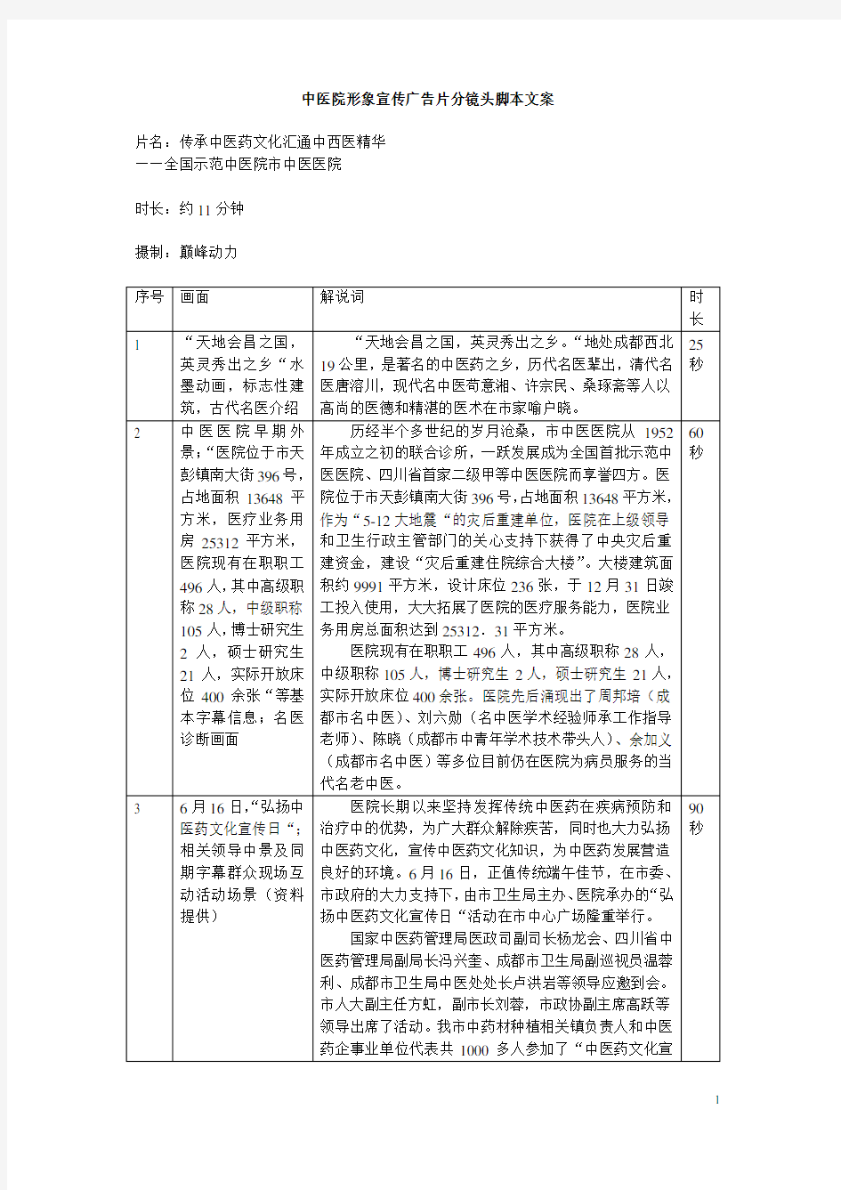 中医院形象宣传广告片分镜头脚本文案